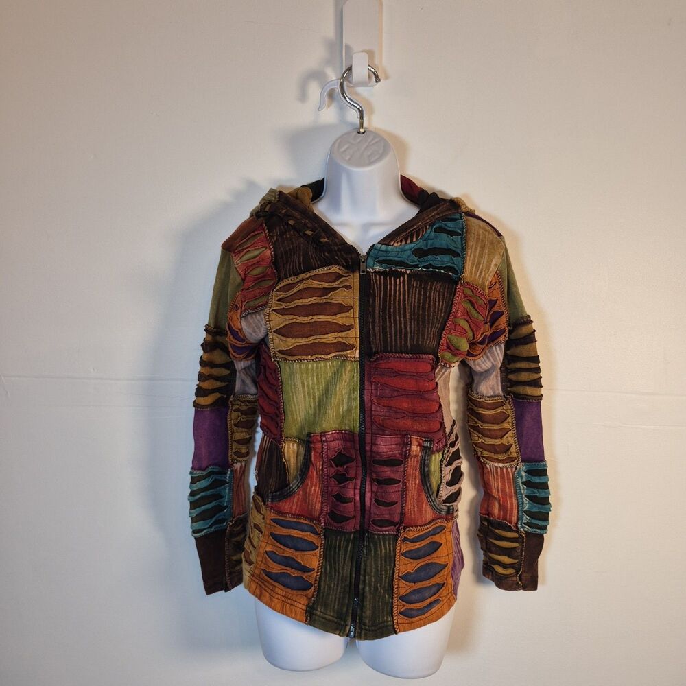 Patchwork Boho Hoodie Size L 100% Cotton Multicolored India Boutique
